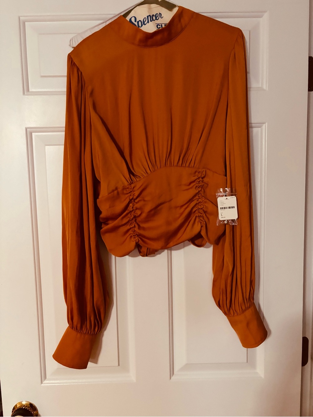 NWT - Free People -  Long-Sleeve Ruched Blouse - Orange - open back with tie